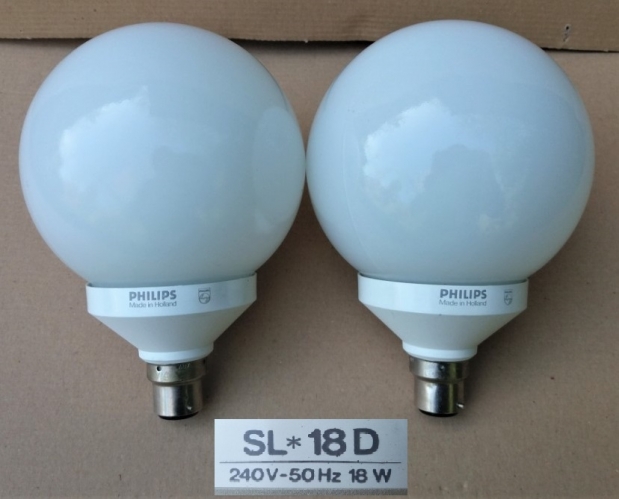 Philips 18w SL Decor globe CFLs
Proper CFLs with a magnetic ballast and everything!
