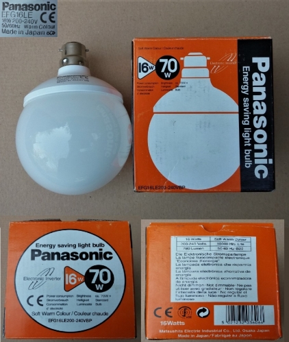 Panasonic globe CFL
Found at a stall at a steam rally. Cost me only 20p or so! Good quality 90s Japanese CFL.

