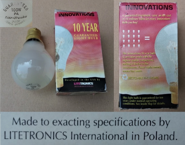 Litetronics Innovations 10 - year filament lamp
Not sure if this really lasts as long as it claims. Says it's made in Poland - at the Philips Pila plant? It is dimmer than a standard 100w lamp obviously.
