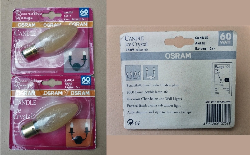 Osram amber finish "ice crystal" candle lamps
An interesting design of lamp! It would be cool to see them lit but I don't really want to break the blister packs to get them out.
