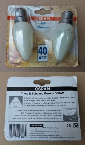 Osram Soft Primrose candle lamps
Kind of another take on the Philips Softone range. These candle lamps are still well made though.
