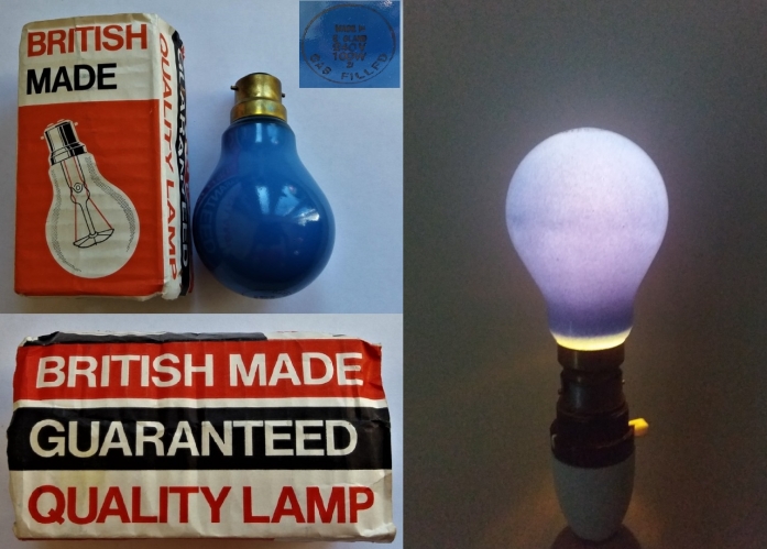 100w Blue British made lamp
Unknown manufacturer, believed to be Endura due to similarity with other Endura GLS lamps.
