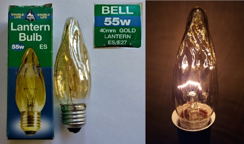 Bell gold tinted lantern bulb
A local electrical store find. Nice little lamp! I also have a non - tinted version of this lamp. These lamps have an odd wattage!
