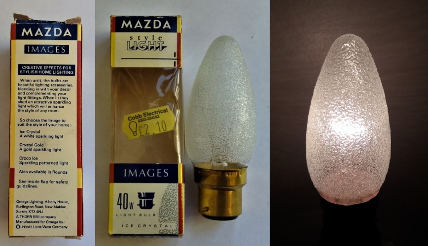 Mazda Images crystal effect candle lamp
This lamp was made by Lindner (as stated on the box). But imported by Thorn EMI/Mazda and repackaged. These lamps look very nice when lit.

