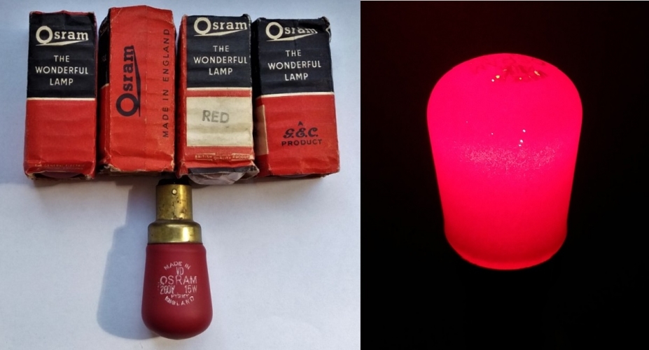 Osram externally coated red pygmy lamps
A rather nice Ebay find last year were these. They look like they had been externally coated after manufacture by Osram, as there is another etch under the coating at the top.
