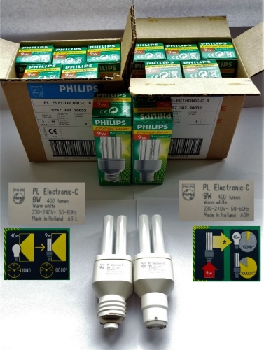 Philips PLC electronic CFLs with plastic bases
I found these 2 nice little boxes of these in a large lot I went to collect locally some months ago. They are proper solid little CFLs, made in the Netherlands.
