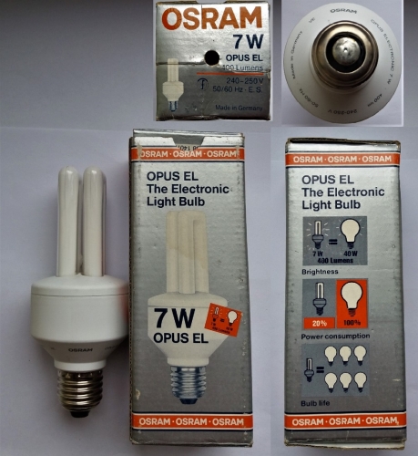 Osram Opus EL 7w
I believe these were made by Osram for GEC or something like that in the late 80s, hence them using the name Opus rather than Dulux. Interestingly enough these were also given a GEC date code.
