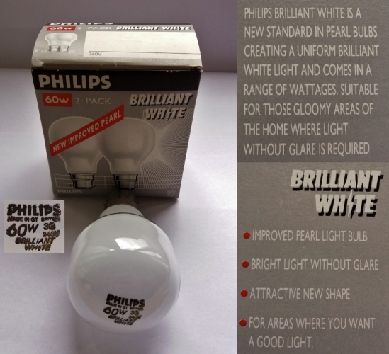 Philips "Brilliant White" 60w T-shape lamp
Unfortunately there is only 1 of these in the pack. These are strange, they were a very short lived alternative to the Softone, being slightly less "soft". 
