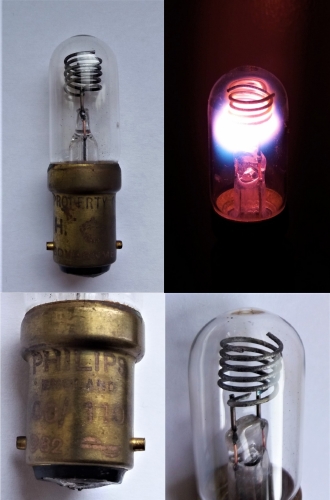 Philips "beehive" neon pygmy lamp
From an Ebay lot. Rated 110v with internal resistor, and when tested at said voltage I was greeted with the sight in the pictures (not good!) Not sure, what was going wrong with it? This lamp is probably ex military or something, as it has the Property of HM Government on it.
