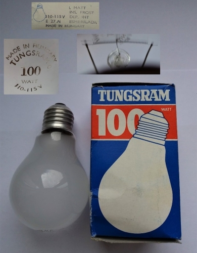 Tungsram 115v 100w lamp
Probably for construction sites, etc. I like the filament arrangement in this one.
