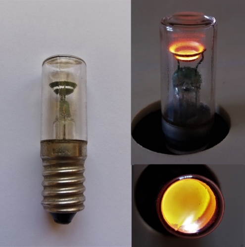 Neon indicator lamp for 380v
Another lamp found in Spain. For high voltage machinery I think but works fine on mains.
