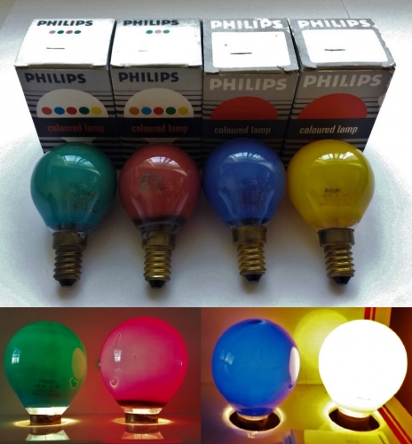 Coloured Philips golf ball type lamps
Found these in Spain. They are very nice little lamps, I have 3 or 4 complete sets.
