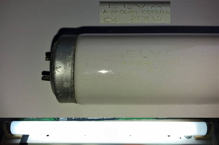 Elva (Philips made) 20w T12 tube
Spanish made I think. Working (looks NOS!) recycling find. The Elva factory was already under Philips's control when this was made.
