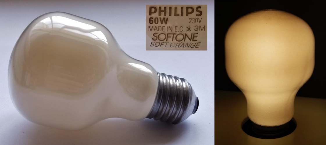 Philips Softone "Soft Orange" 60w
Found this in a lamp bin over in Spain! I think it's NOS actually. Orange is one of the rarer shades of Softone colours.
