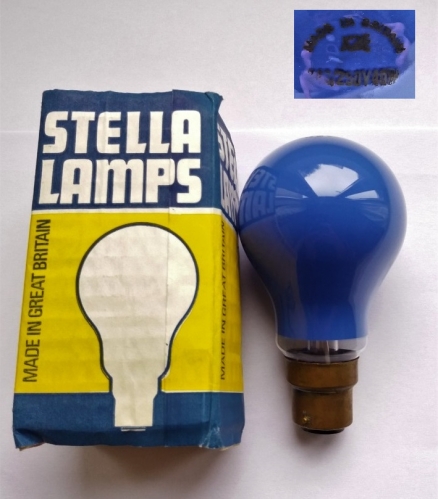 Stella blue GLS lamp
Who knows more about the brand Stella? I don't know whether they were an independent company or not. (Edit: Luxram made)
