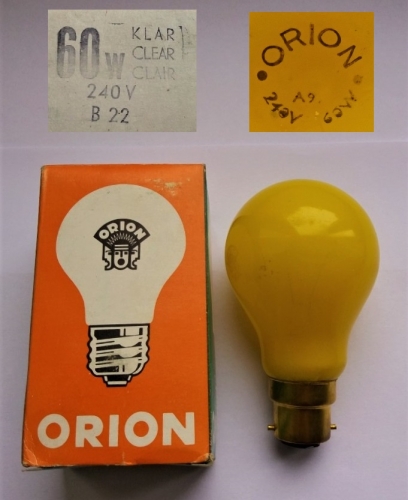 Orion yellow 60w GLS lamp
Of Tungsram origin.  
