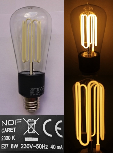 NDF Caret cold-cathode "Squirrel Cage" lamp
A very unusual CFL, my first and only cold cathode one so far. I managed to get this lamp very cheap off Ebay, when they were new they were quite expensive indeed.
