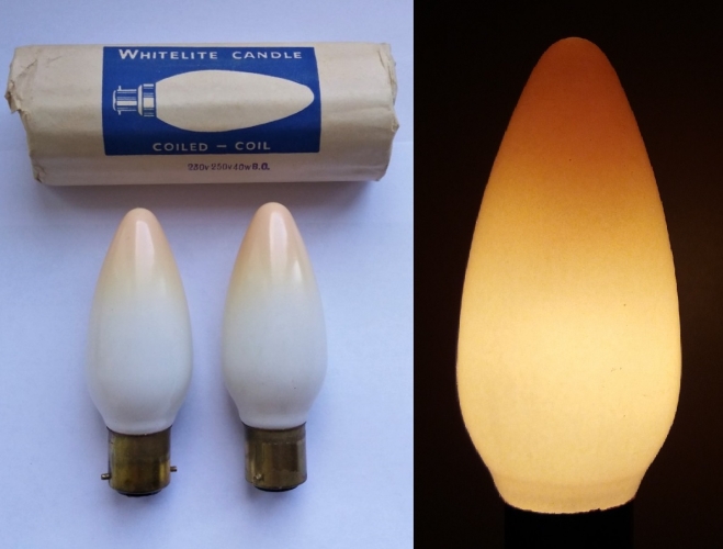 Whitelite candle lamps with orange tip
Probably made by an old British manufacturer? Look Bell made for sure.
