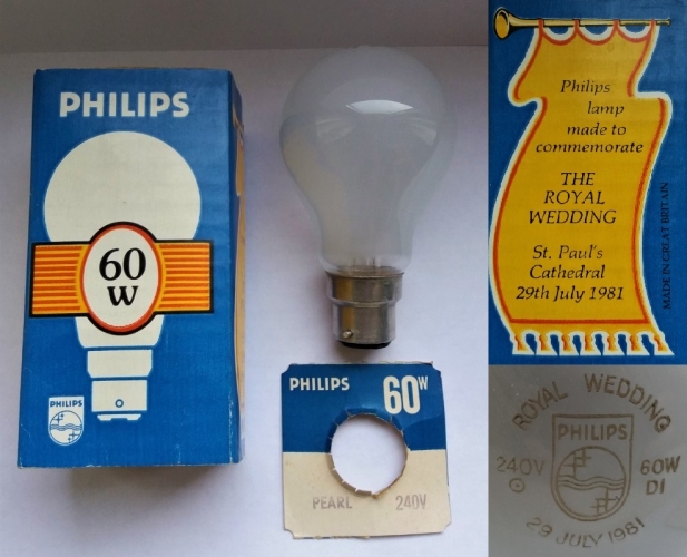Philips 60w Royal Wedding GLS lamp
A strange commemorative lamp! Nothing is particularly special about it except the etch.
