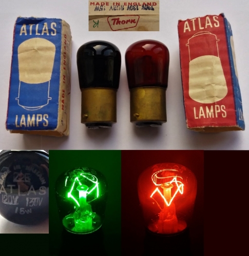 Atlas coloured glass pygmy indicator lamps
Allegedly the Ebay seller who had these had got them as spares from a power station control panel! They are rated for 120v, and are made out of actual red and green glass. They give very pure colours when lit.
