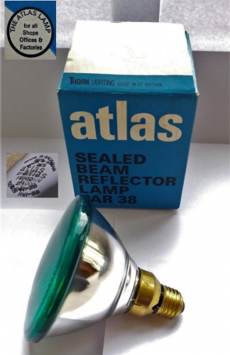 Atlas green 100w PAR38
Very nice solid lamp from the 70s, and a nice shade of green when lit!
