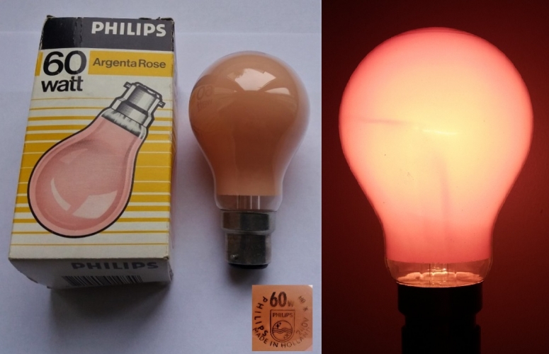 Philips Argenta Rose 60w
A rare tinted lamp before Softones caught on. 
