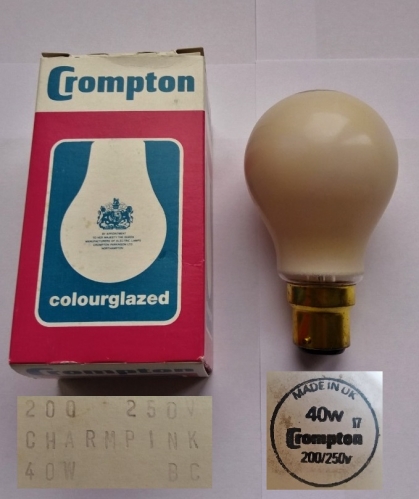 Crompton 40w charm pink GLS lamp
A sort of precursor to the Softone by Philips.
