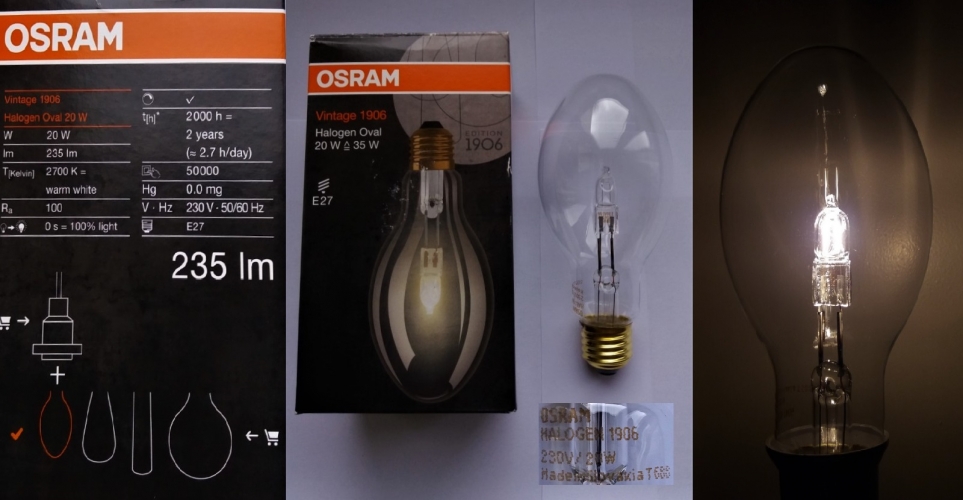 Osram "1906" elliptical halogen lamp
Looks like Osram got creative and used some leftover elliptical lamp envelopes from discharge lamps, put halogen capsules inside and marketed them as decorative lamps! A cool way to get rid of "leftovers"!
