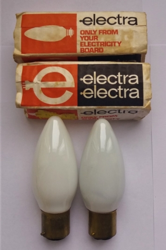 Electra branded 25w candle lamps
These were sold exclusively in electricity board shops in the 70s and 80s. These were off of Ebay.
