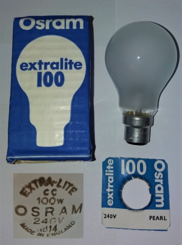 Osram - GEC 100w "Extralite" pearl GLS lamp
Came off Ebay along with the BHS lamp next to this in the gallery.
