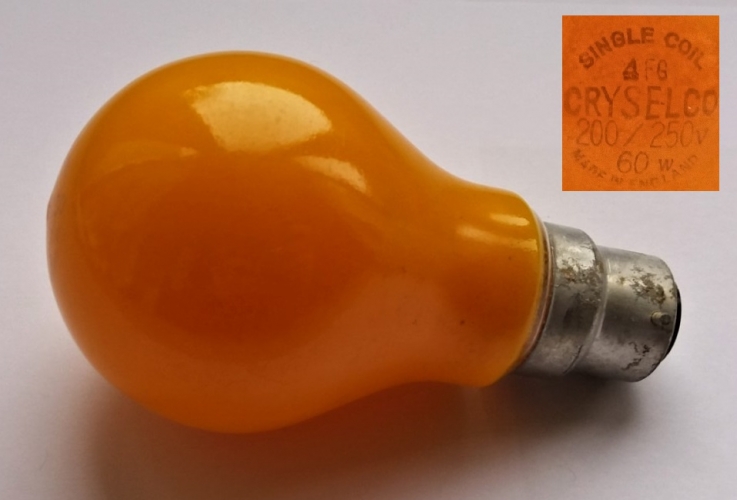 Cryselco 60w amber GLS lamp
Another nice GEC made oldie from the lamp recycling bin. Gives a very nice orange-ish light and is quite bright. Has an external colour coating.
