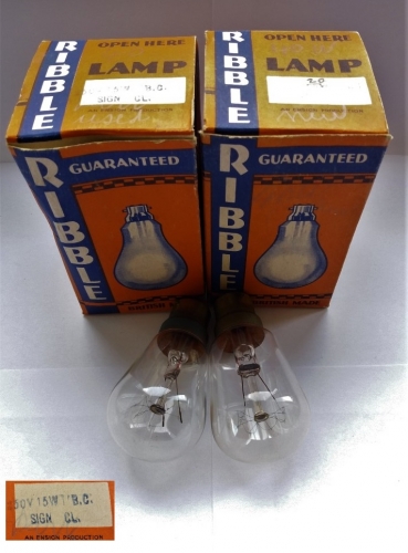 "Ribble" clear sign lamps
Never seen or heard of this brand before, but these were made by Ensign according to the box. These are very old, and surprisingly they are the original lamps for these boxes, as the box description and lamp etches match up (etches are faded though). Funny as most of the box is empty space! Not very practical and not a snug fit for the lamp.
