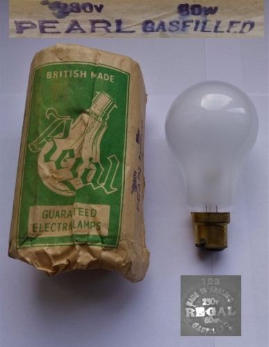 Regal pearl GLS lamp
Here is a very old one, possibly even from the 1920s. Note how large the envelope is, considering this is a 60w lamp. More info on this brand much appreciated, I have never heard of them and the etch is unlike any other company's I've yet seen.

