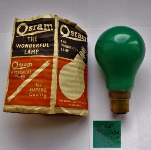 Osram - GEC 60w green GLS lamp
Surprisingly this came mixed in with some mainly modern coloured GLS lamps in a lot I bought as spares for my festoon set! This lamp is from October 1960, love the packaging and advert for fluorescent tubes.
