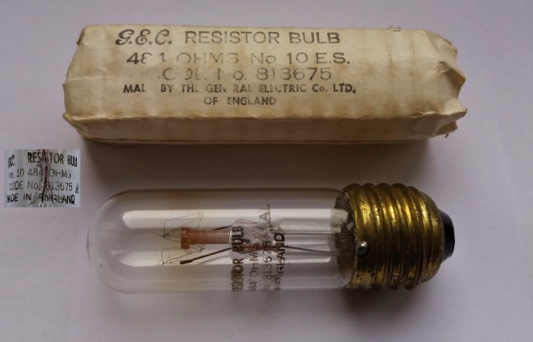 GEC Resistor Bulb (Barreter) lamp
Another recent and cheap Ebay find. This is not really a lamp, but a kind of glowing resistor used in various old radios or televisions? Made by GEC.
