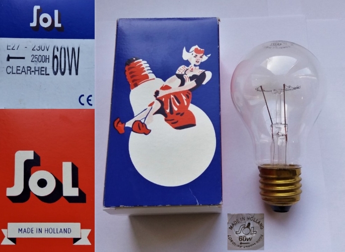 Sol 60w rough service GLS lamp
My first Sol branded lamp. Does not appear to be as old as the box art suggests due to the presence of a CE mark.
