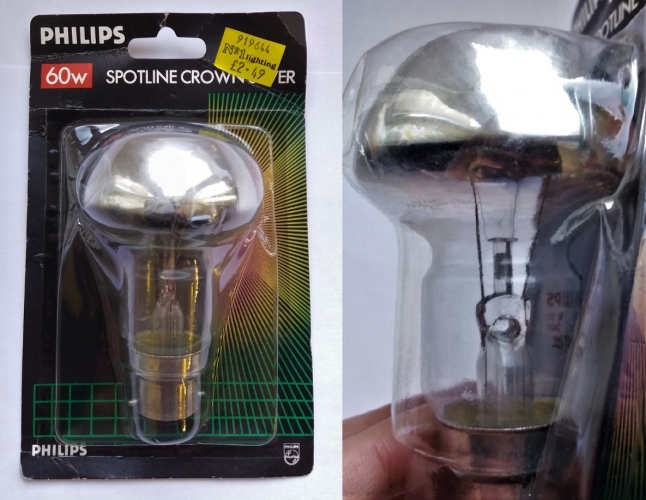 Philips crown silver Spotline lamp
A curious recent arrival in my collection. These lamps are identical to the 60w Philips Spotline lamps, just in a crown silver variant, introduced by Philips as an ever so slightly more efficient replacement for the standard crown silver GLS. Sadly this lamp is in the infernal blister pack type packaging.
