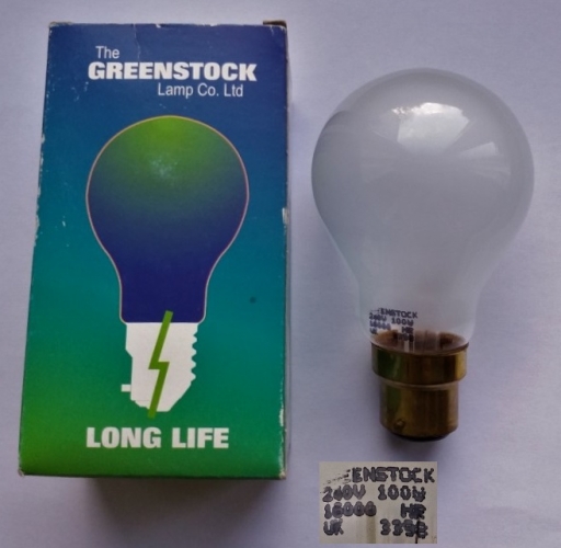 Greenstock 16,000 hour GLS lamp
This lamp must be seriously underdriven! Probably not as bright as a standard 100w...
