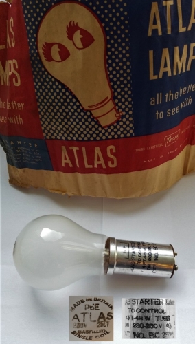 Atlas starter lamp for fluorescent circuits
I spotted this in an old wrapper in a box of lamps on Facebook marketplace and was instantly intrigued. After asking the seller what was inside I couldn't quite believe it when I saw the starter lamp! Luckily he was willing to send it to me separately. These lamps were designed as a ballast for certain types of streamline Atlas fluorescent fittings made in the 1950s and 1960s. This is quite similar in principle to the ballast lamps made by Philips, one of which I also managed to find in a lot about a year ago now.
