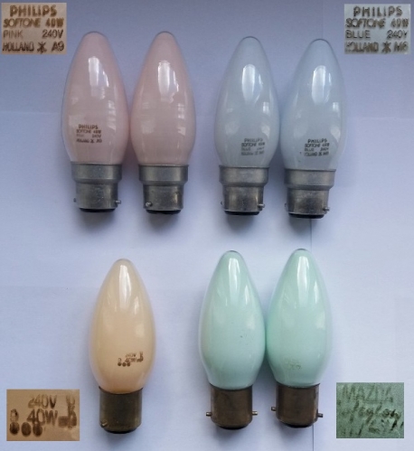 Various Softone/Softglow candle lamps (Philips and GE)
I found these all on Ebay quite recently, rare coming across so many variants all from the same seller! Blue and green tinted lamps from any manufacturer are much rarer than the ever popular pink and peach variants. All of the Softone lamps are fairly early ones from the late 1980s.
