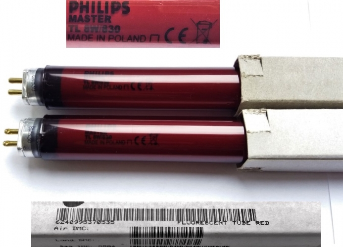 Philips 8w red fluorescent tubes for submarine lighting
These modern Philips tubes with red gel coatings are ex-military stock, ordered for use on submarines.
