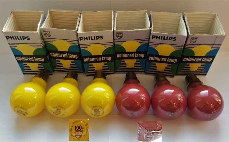 Philips red and yellow 100w coloured lamps
Some very nice finds off of Ebay recently! These all work nicely and put out some very nice, strong colours.
