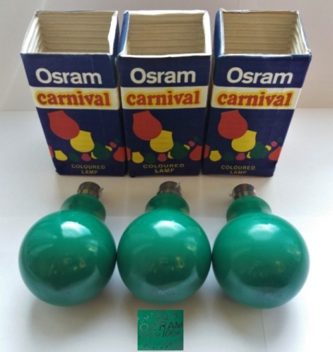 Osram Carnival 100w green lamps
Apparently quite a rare colour in the Osram Carnival series of slightly larger-envelope 100w externally coated lamps. These are really rather nice but don't put out much light and get very hot.
