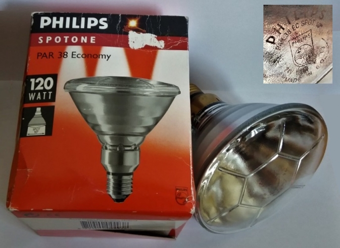 Philips 24v PAR38 lamp
I only realised this was 24v when I got home! This was purchased in a shop, I'd seen it there loads of times. It was 50% off this time, so I got it. I had been wanting one of these what I nickname "football" fronted PAR38 lamps for some time, all the more curious that it is a 24v version! I'm guessing it was for low-voltage outdoor landscape lighting?
