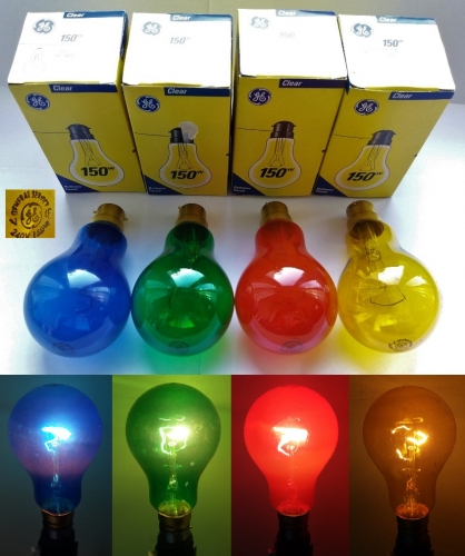 GE 150w lacquered GLS lamps
These are crazy! I found them on Ebay fairly recently, due to their high wattages they give out very nice colours!
