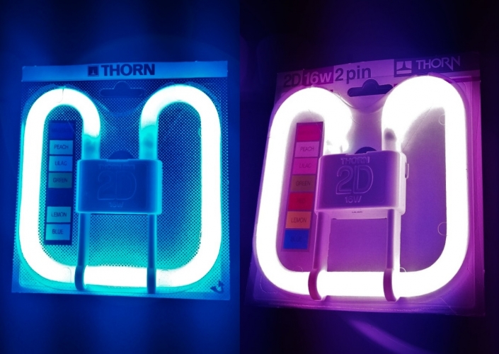 Thorn coloured 2D lamps - lit
It was hard capturing these without getting too many 50hz flicker lines on my camera. These were tested in my newly acquired Thorn EMI fitting, very suitable, the colours the lamps produced were awesome and vibrant! On the left is blue and on the right lilac. Sadly one of the two lilac lamps I have doesn't seem to want to start!
