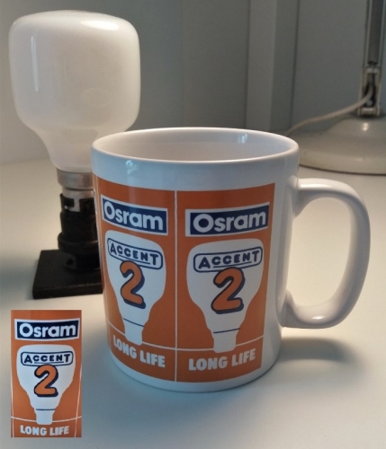 Osram - GEC "Accent 2" promotional mug
I love old promotional lighting items such as these, especially any Osram Accent stuff! This was probably made in the mid 1980s for the launch of the Osram-GEC "Accent 2", the longer life version of the original Accent lamp. Besides the Osram Accent shown next to the mug, the light in the picture also comes from the Osram Accent in my desk lamp! Anyone fancy an Accent 2 brew?
