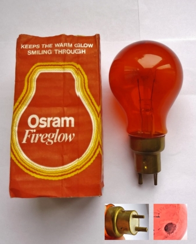Osram 60w Fireglow lamp with 2 pin base
Apparently these were produced for a very old model of electric fire called the Berry "Magicoal". They already stopped production in the 70s-80s making these lamps really quite rare, I'm very glad to have found an example. The reason a 2 pin lamp was used was so that the fire manufacturer, Berry, could probably charge exorbitant "manufacturer specific" prices for "official spares"... Also note the cheesy tagline on the packaging!
