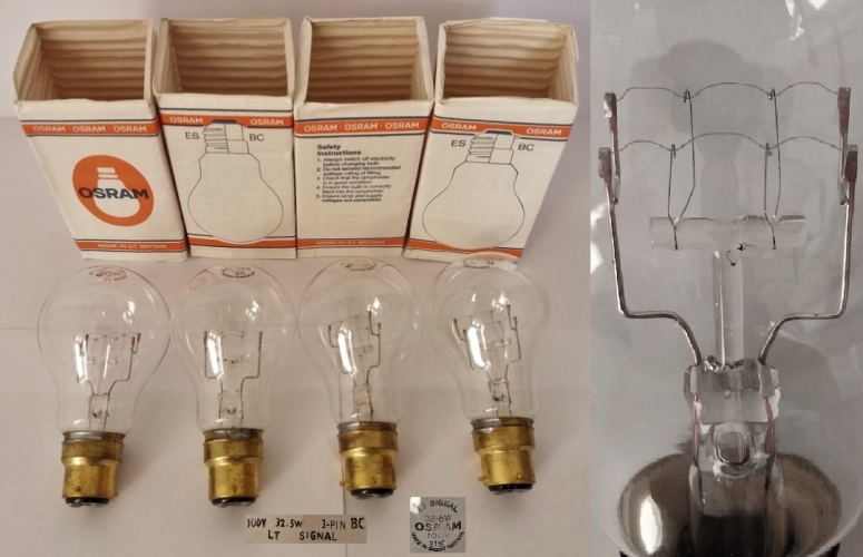 Osram 100v 32.5w B22-3 LT Signal lamps
These lamps are very odd, I bought a full case of them recently as old retailer stock. They appear to have been made for rail/bus purposes but that's just a guess of mine. Would LT stand for London Transport? The lamps have very interesting filaments!
