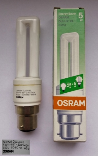Osram Dulux 5w CFL lamp
I absolutely love these, I think these are the smallest lamps in the whole Dulux range. This NOS example was found on Ebay recently. Essentially they are just a self-ballasted 5w PL lamp!
